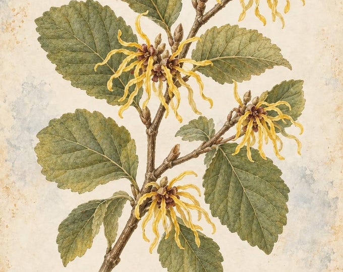 Witch Hazel Botanical Print, Hamamelis Herbarium Art, English & Spanish Plant Poster, Digital Download — presentación de la obra
