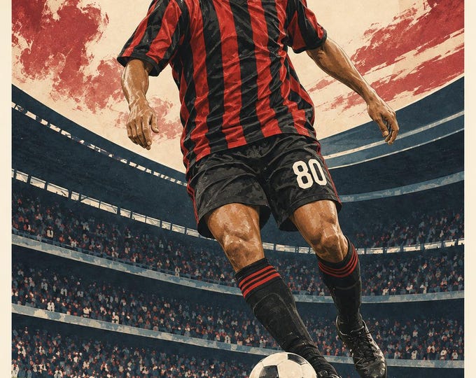 Ronaldinho Football Poster, Vintage Soccer Illustration, A2 Printable Sports Wall Art, Digital Download — presentación de la obra
