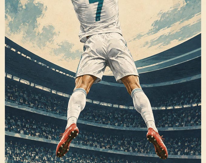 Cristiano Ronaldo Football Poster, Vintage Soccer Illustration, A2 Printable Sports Wall Art, Digital Download — presentación de la obra
