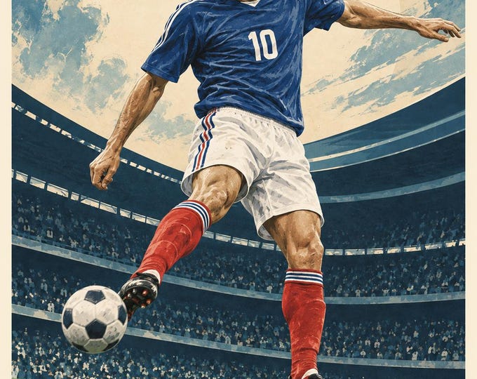 Zinedine Zidane Football Poster, Vintage Soccer Illustration, A2 Printable Sports Wall Art, Digital Download — presentación de la obra