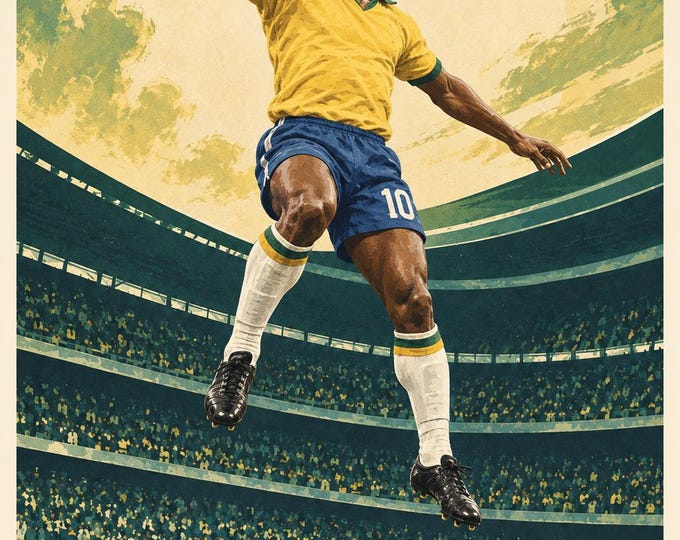 Pelé Football Poster, Vintage Soccer Illustration, A2 Printable Sports Wall Art, Digital Download — presentación de la obra