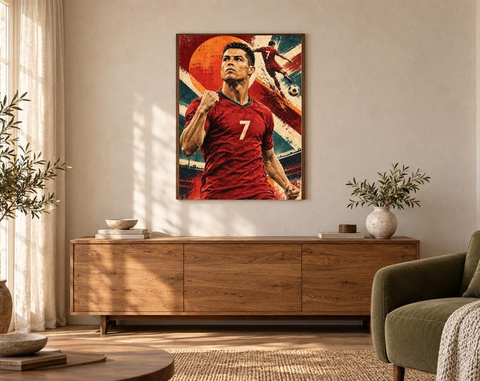 Cristiano Ronaldo Football Poster, Vintage Number 7 Sports Wall Art, A2 Digital Download — presentación de la obra