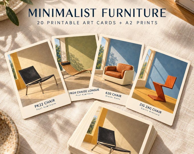 Minimalist Furniture Art Cards, 20 Printable Designs with Designer Names, A2 Wall Art Bundle, Digital Download — presentación de la obra