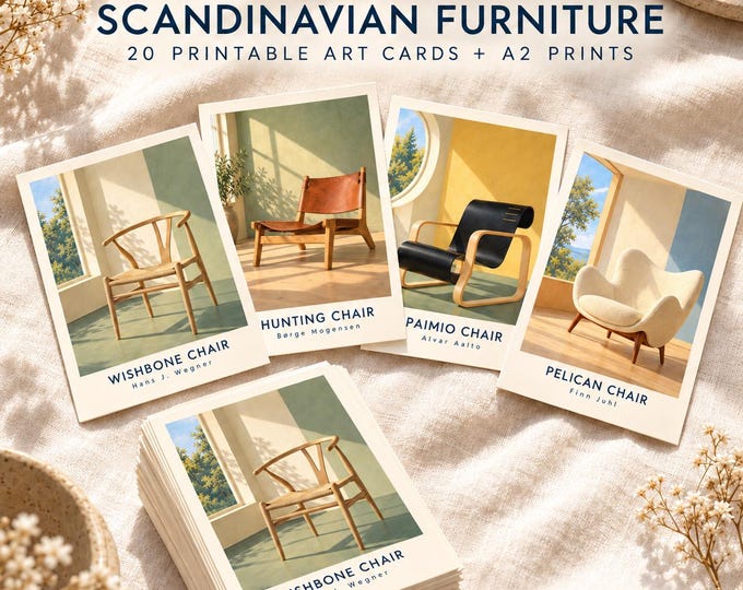 Scandinavian Furniture Art Cards, 20 Nordic Printable Designs with Designer Names, A2 Wall Art Bundle, Digital Download — presentación de la obra