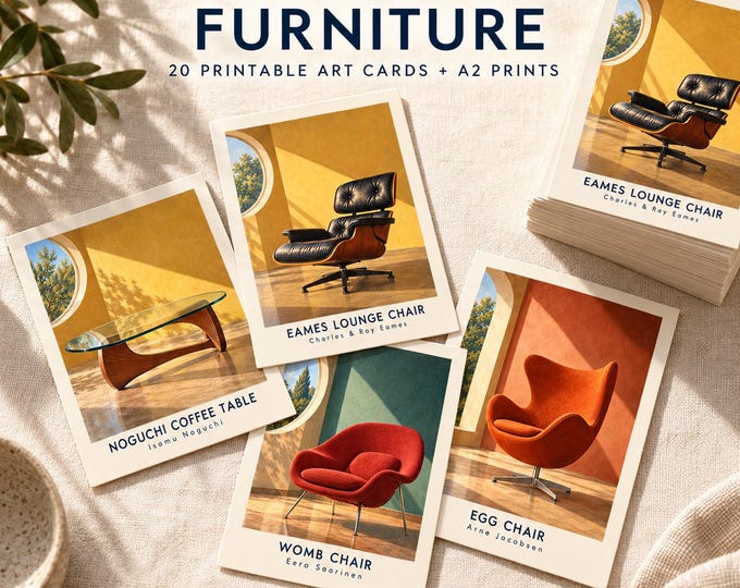 Mid Century Furniture Art Cards, 20 Printable Designs with Designer Names, A2 Wall Art Bundle, Digital Download — presentación de la obra