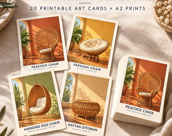 Bohemian Furniture Art Cards, 20 Printable Designs, A2 Wall Art Bundle, Digital Download — presentación de la obra