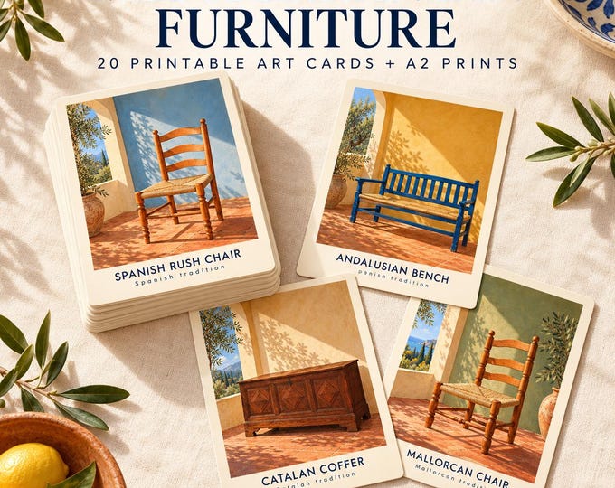 Mediterranean Furniture Art Cards, 20 Printable Designs, A2 Wall Art Bundle, Digital Download — presentación de la obra