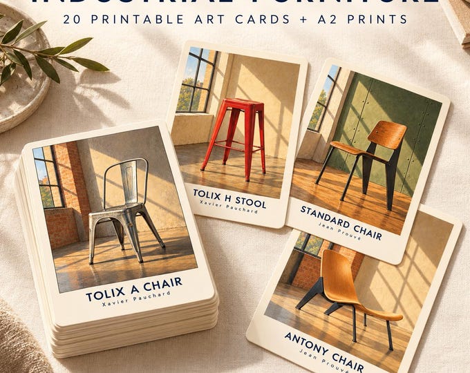 Industrial Furniture Art Cards, 20 Printable Designs, A2 Wall Art Bundle, Digital Download — presentación de la obra