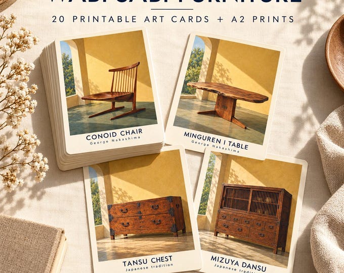 Wabi Sabi Furniture Art Cards, 20 Printable Designs, A2 Wall Art Bundle, Digital Download — presentación de la obra