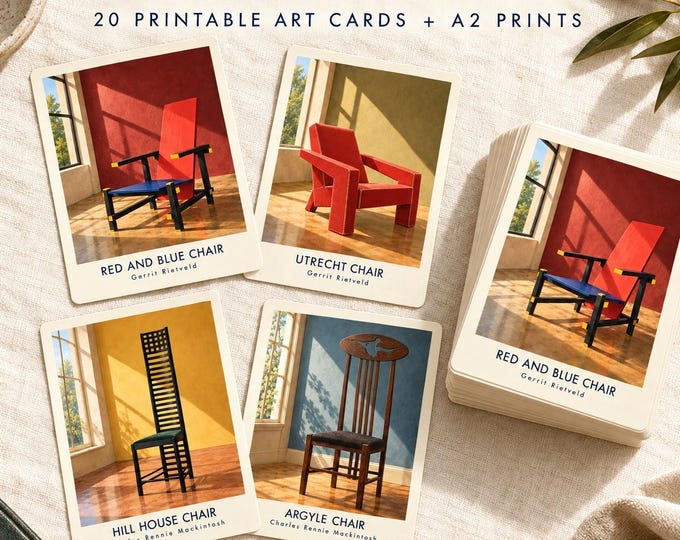 Eclectic Furniture Art Cards, 20 Printable Designs, A2 Wall Art Bundle, Digital Download — presentación de la obra