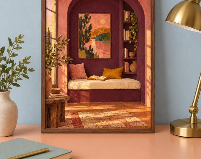 Evening Alcove Wall Art, Painterly Reading Nook Print, A3 Digital Download — presentación de la obra
