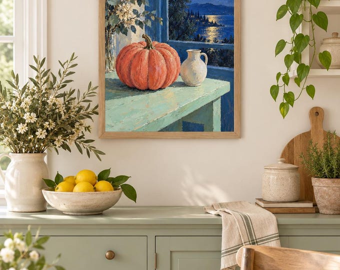 Coral Pumpkin Moon Wall Art, Autumn Still Life Painting, A3 Printable Digital Download — presentación de la obra