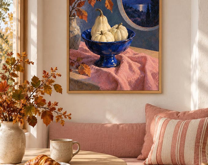 Blue Bowl Harvest Wall Art, Autumn Still Life Painting, A3 Printable Digital Download — presentación de la obra