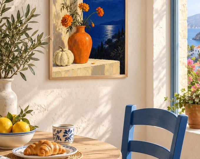 Moon over Marigolds Wall Art, Autumn Still Life Painting, A3 Printable Digital Download — presentación de la obra