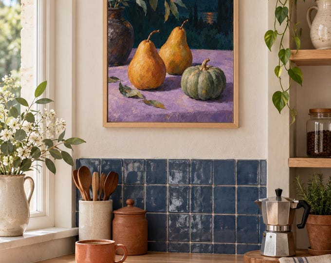 Copper Pears at Dusk Wall Art, Autumn Still Life Painting, A3 Printable Digital Download — presentación de la obra