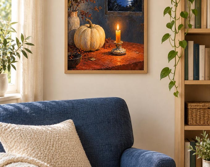 Amber Candle Harvest Wall Art, Autumn Still Life Painting, A3 Printable Digital Download — presentación de la obra