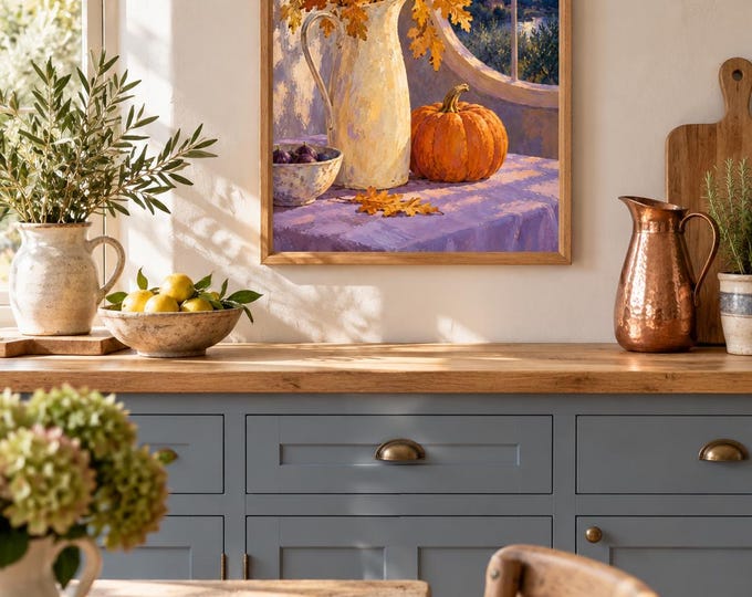 Autumn Vessel Wall Art, Autumn Still Life Painting, A3 Printable Digital Download — presentación de la obra