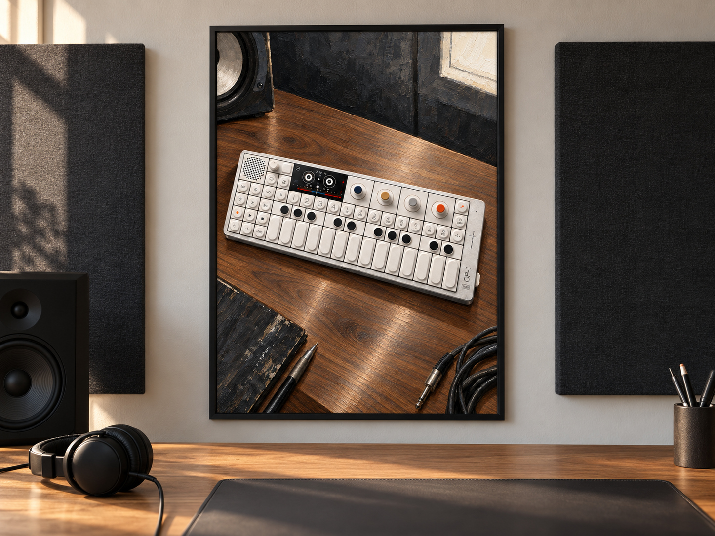 OP-1 Field Synthesizer Wall Art, Wooden Music Studio Poster, A2 Printable Download — presentación de la lámina