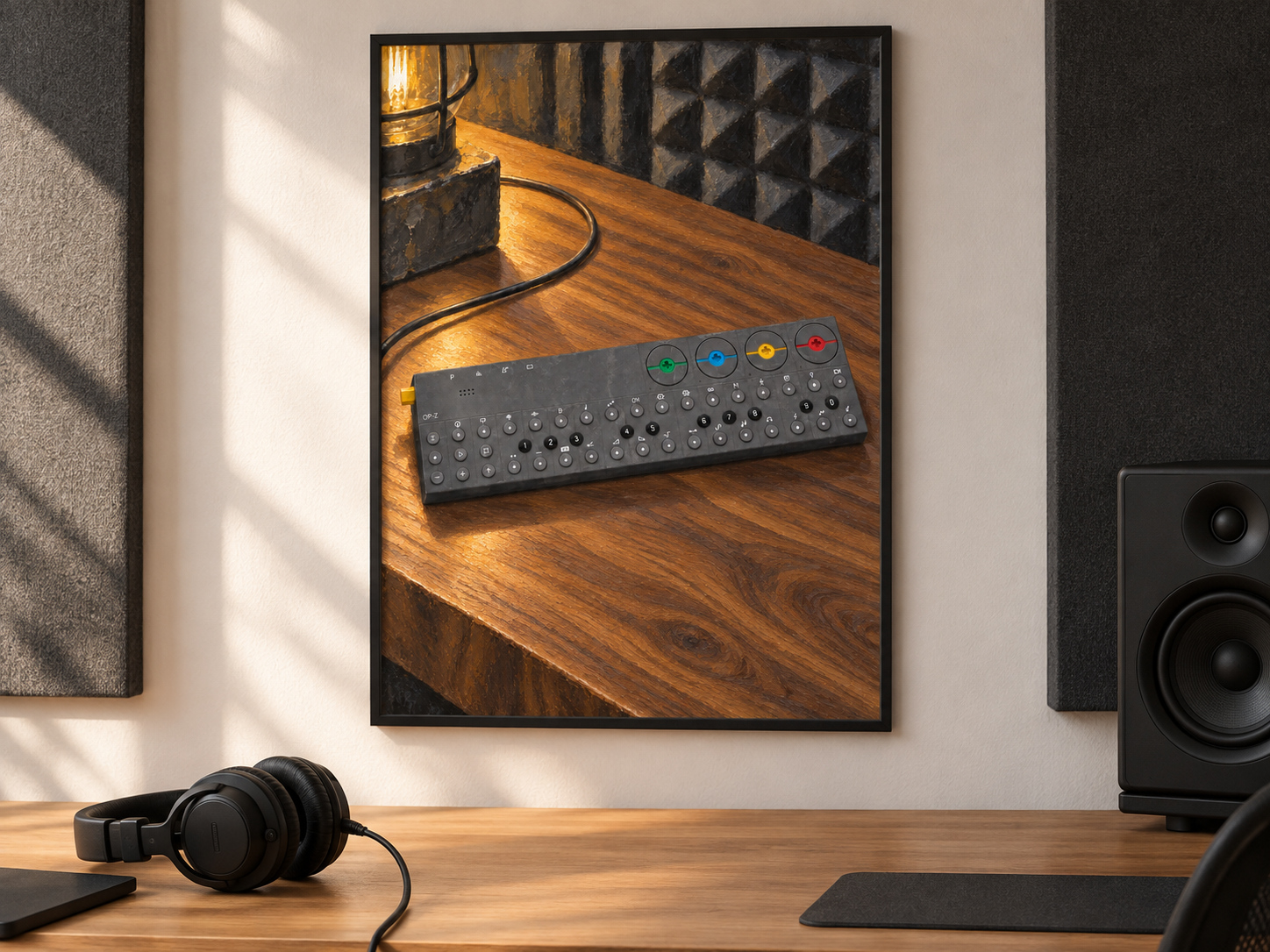 OP-Z Sequencer Wall Art, Wooden Music Studio Poster, A2 Printable Download — presentación de la lámina