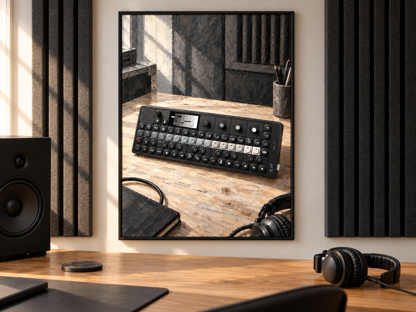 OP-XY Synthesizer Wall Art, Wooden Music Studio Poster, A2 Printable Download — presentación de la lámina