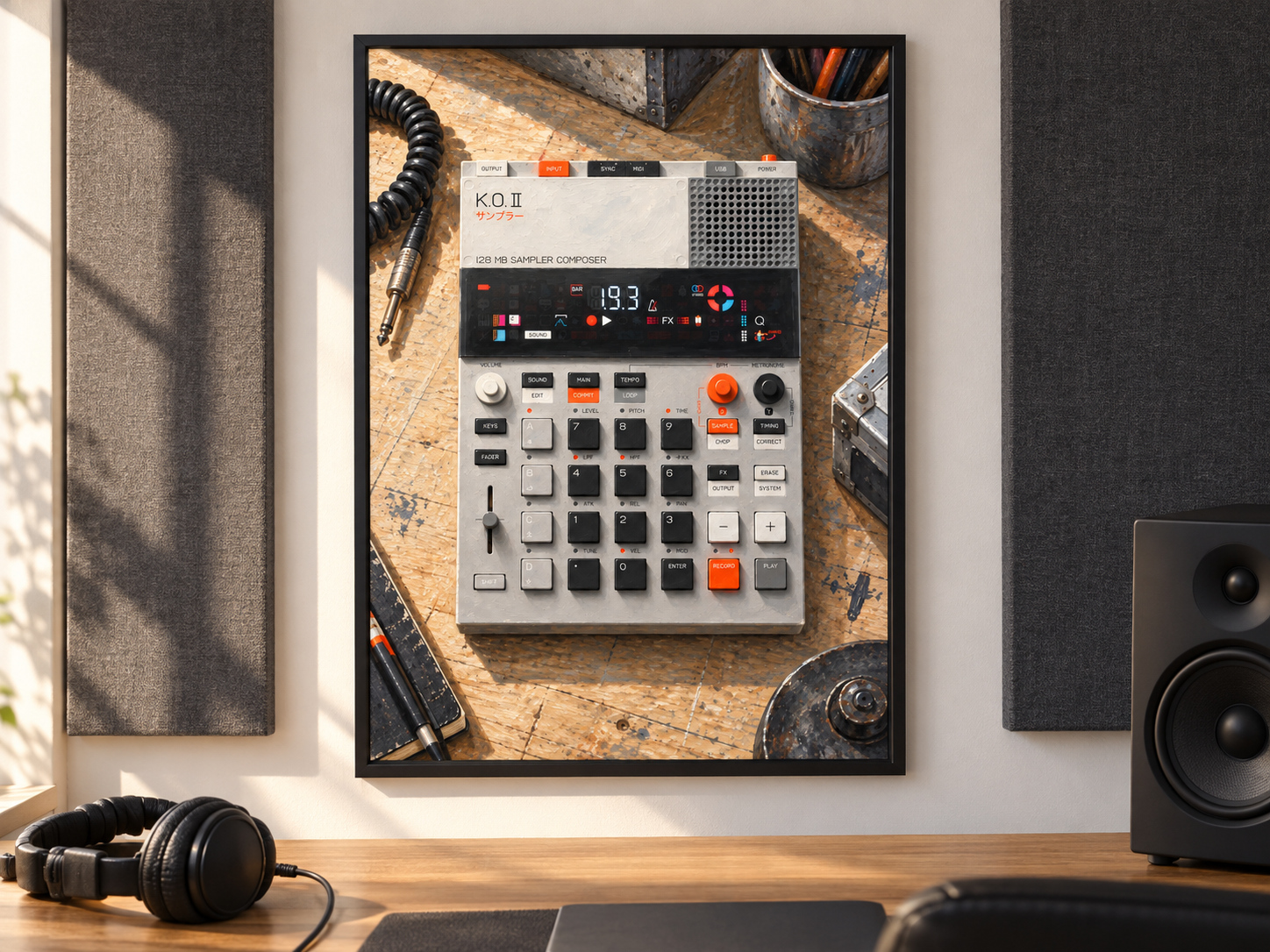 EP-133 K.O. II Sampler Wall Art, Wooden Music Studio Poster, A2 Printable Download — presentación de la lámina