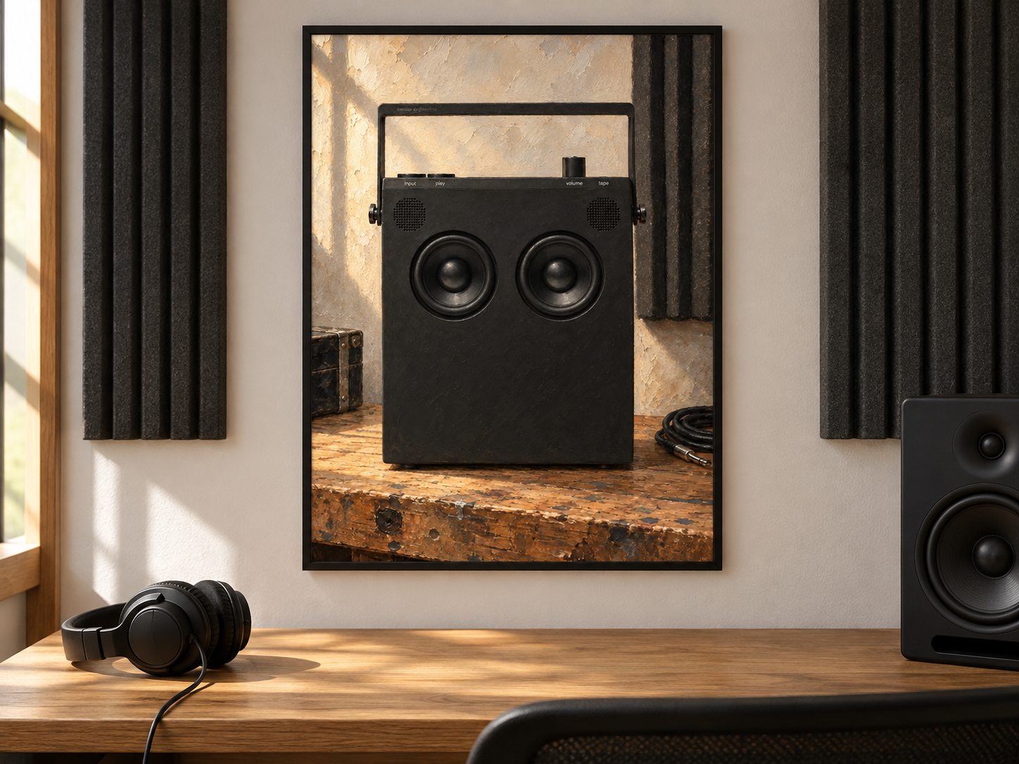 OB-4 Speaker Wall Art, Wooden Music Studio Poster, A2 Printable Download — presentación de la lámina