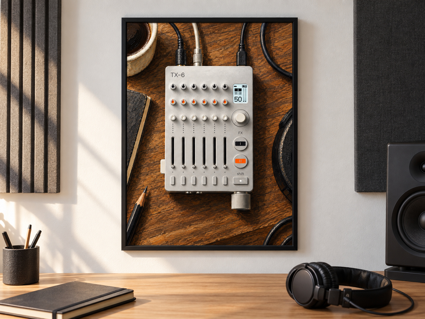 TX-6 Mixer Wall Art, Wooden Music Studio Poster, A2 Printable Download — presentación de la lámina