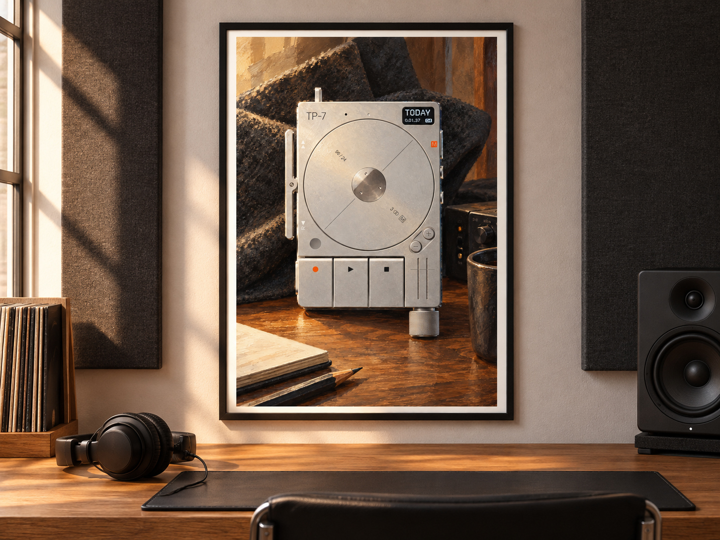 TP-7 Recorder Wall Art, Wooden Music Studio Poster, A2 Printable Download — presentación de la lámina