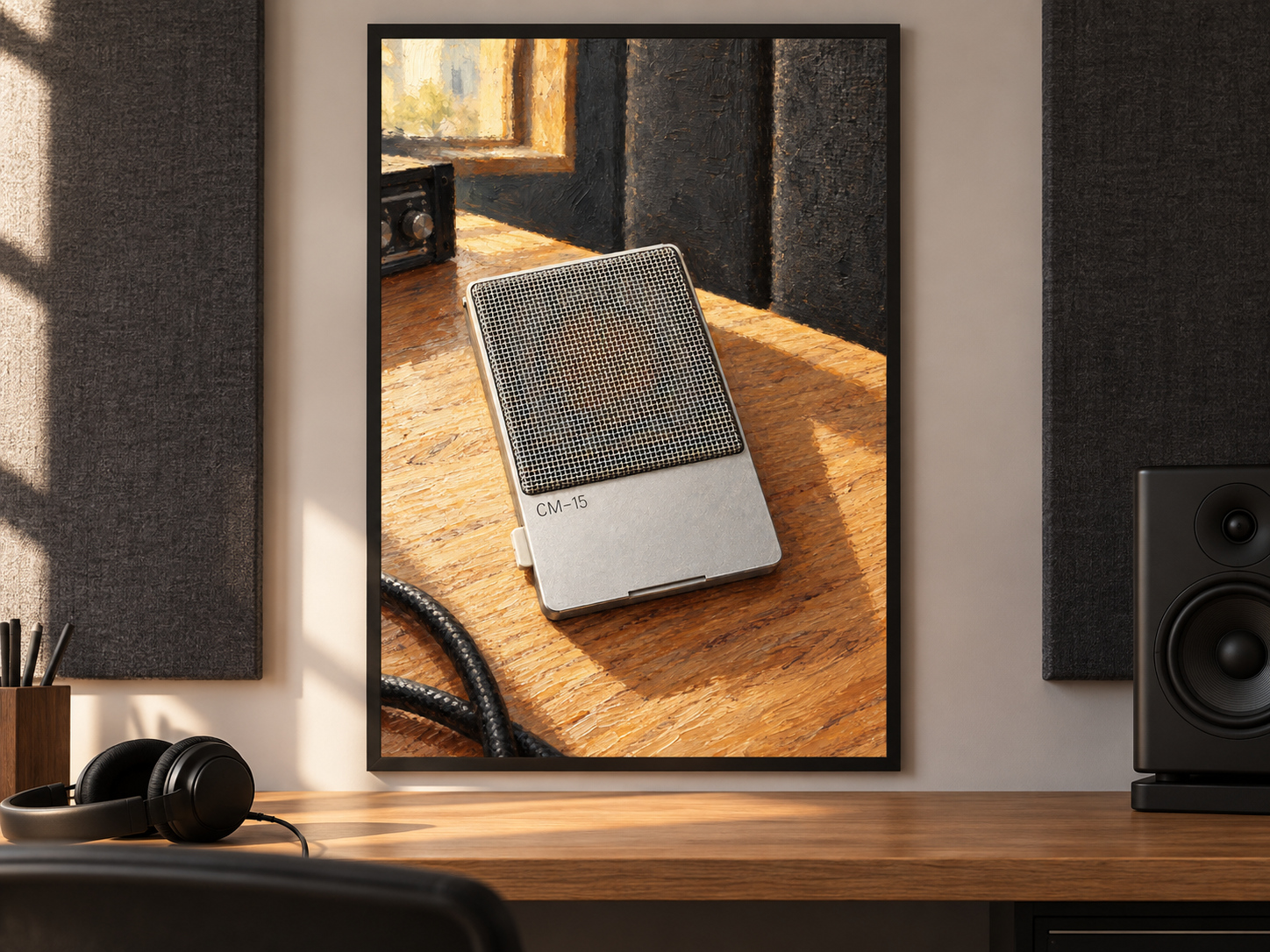 CM-15 Microphone Wall Art, Wooden Music Studio Poster, A2 Printable Download — presentación de la lámina