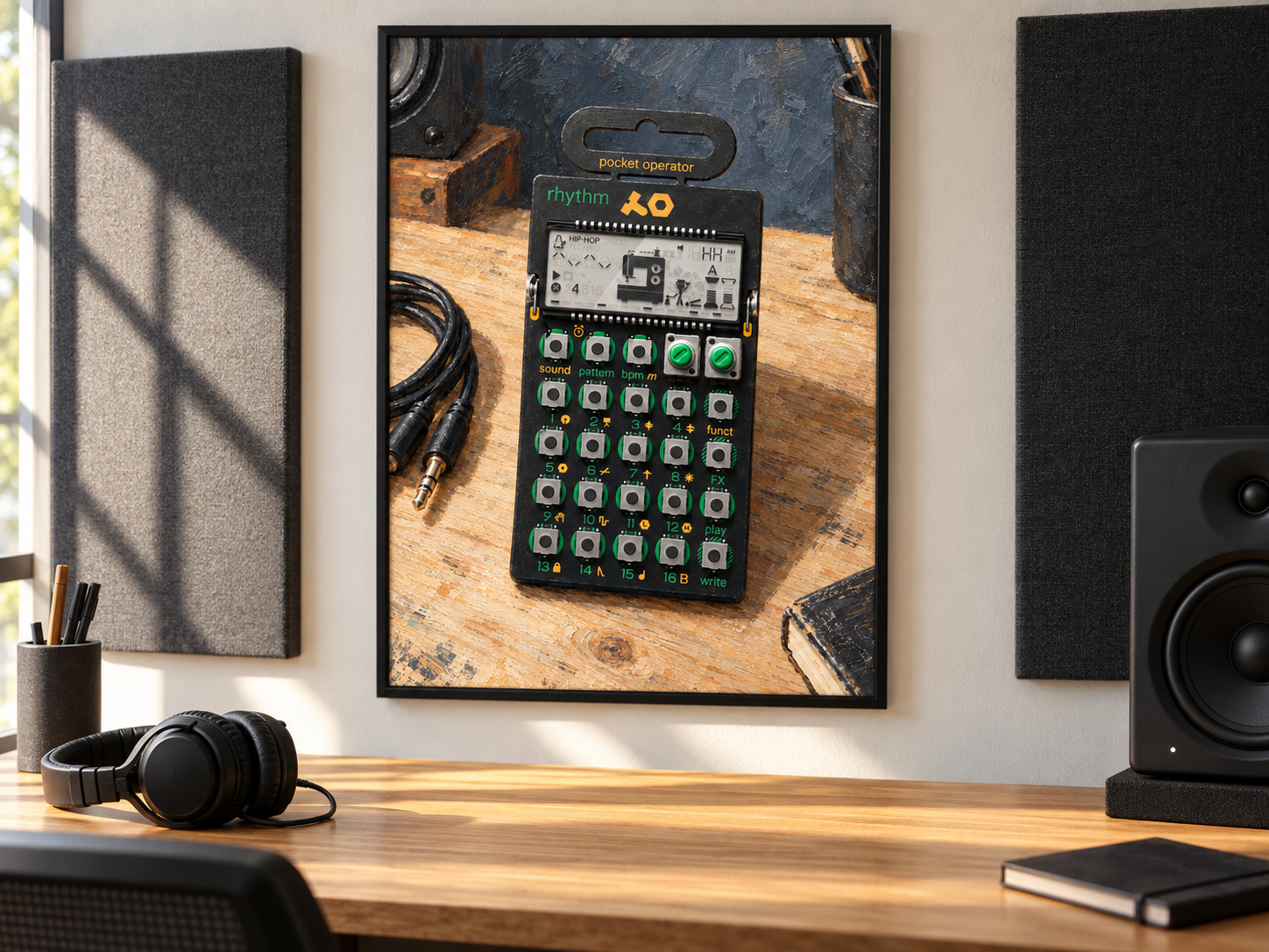 PO-12 Rhythm Drum Machine Wall Art, Wooden Music Studio Poster, A2 Printable Download — presentación de la lámina