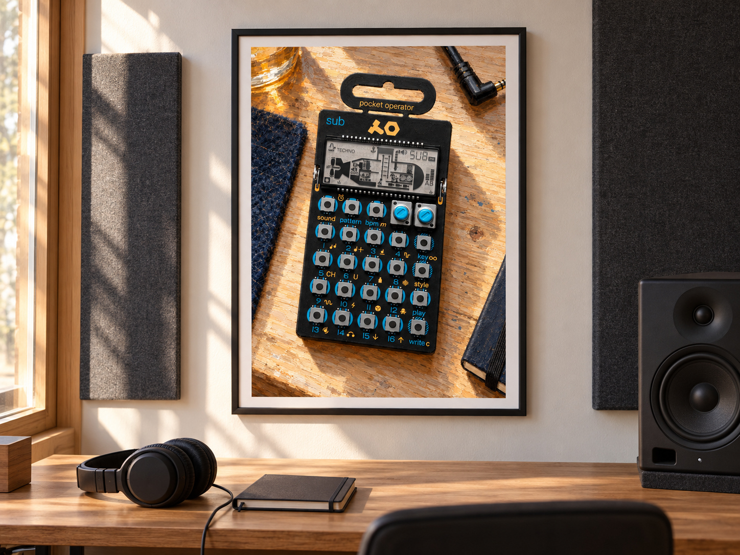 PO-14 Sub Bass Synth Wall Art, Wooden Music Studio Poster, A2 Printable Download — presentación de la lámina