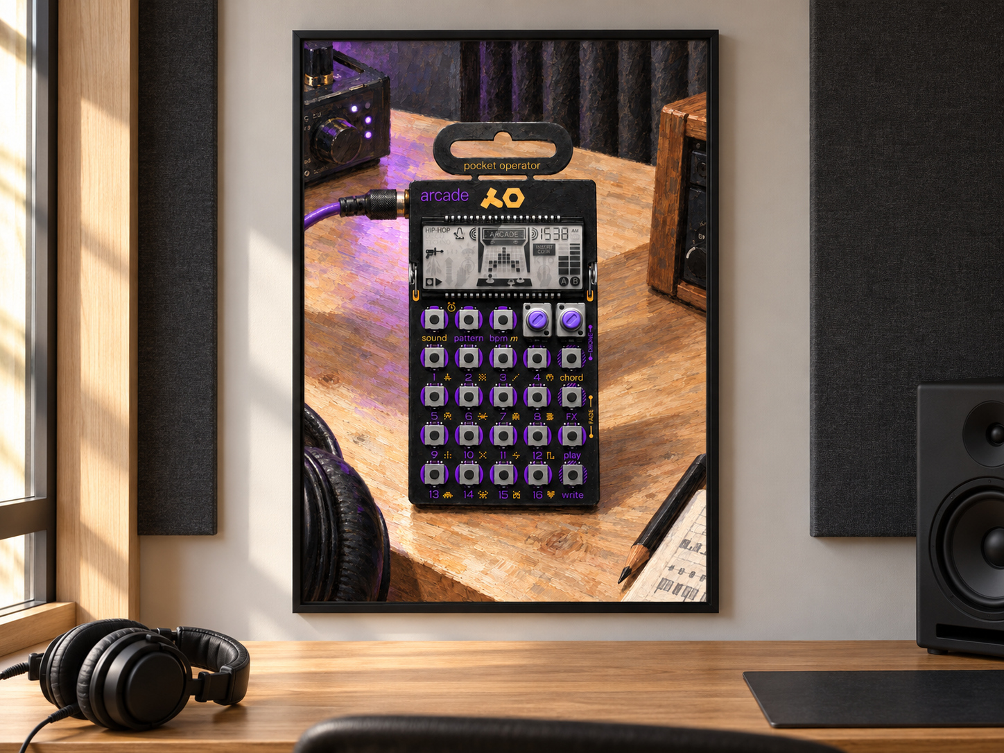 PO-20 Arcade Pocket Operator Wall Art, Wooden Music Studio Poster, A2 Printable Download — presentación de la lámina