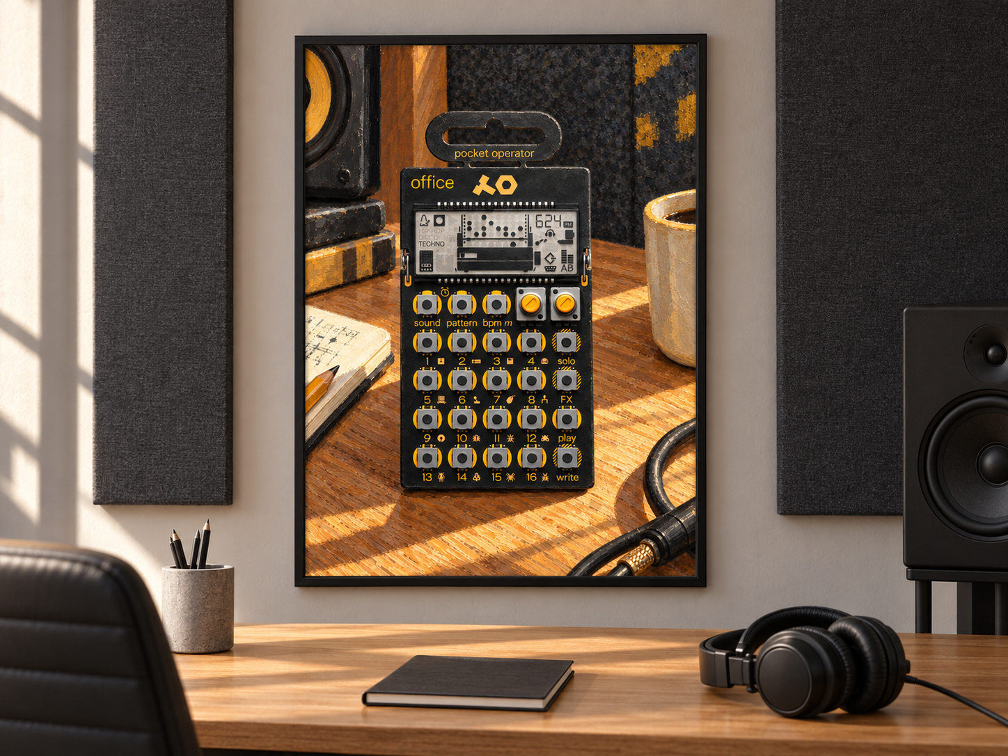 PO-24 Office Pocket Operator Wall Art, Wooden Music Studio Poster, A2 Printable Download — presentación de la lámina