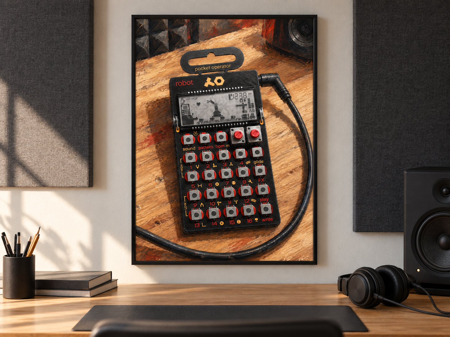 PO-28 Robot Pocket Operator Wall Art, Wooden Music Studio Poster, A2 Printable Download — presentación de la lámina