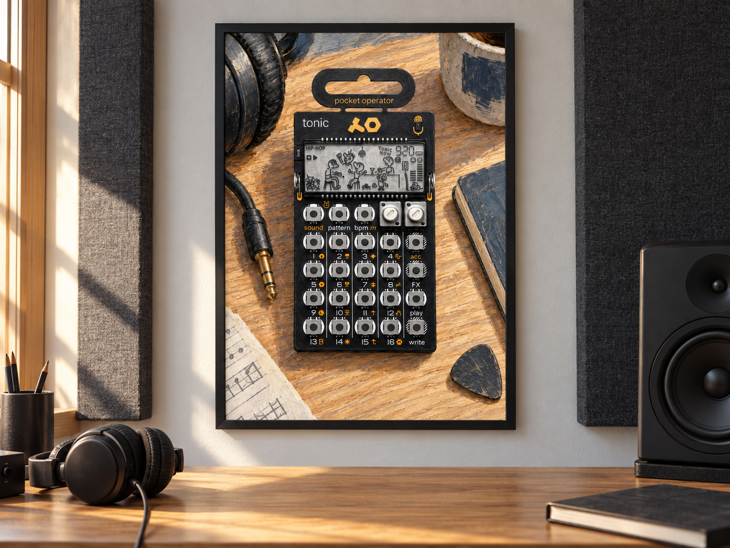 PO-32 Tonic Drum Machine Wall Art, Wooden Music Studio Poster, A2 Printable Download — presentación de la lámina