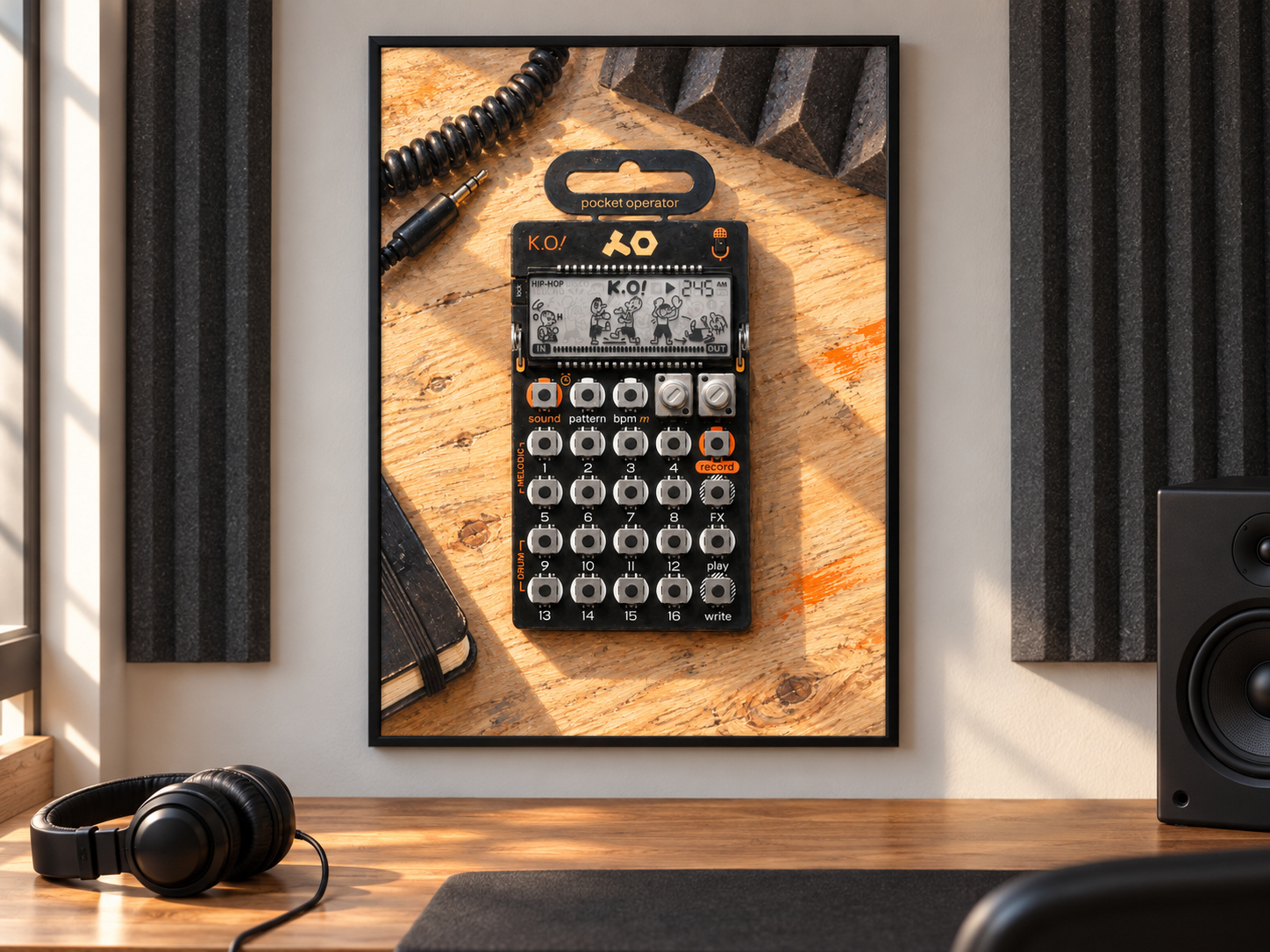 PO-33 K.O! Sampler Wall Art, Wooden Music Studio Poster, A2 Printable Download — presentación de la lámina
