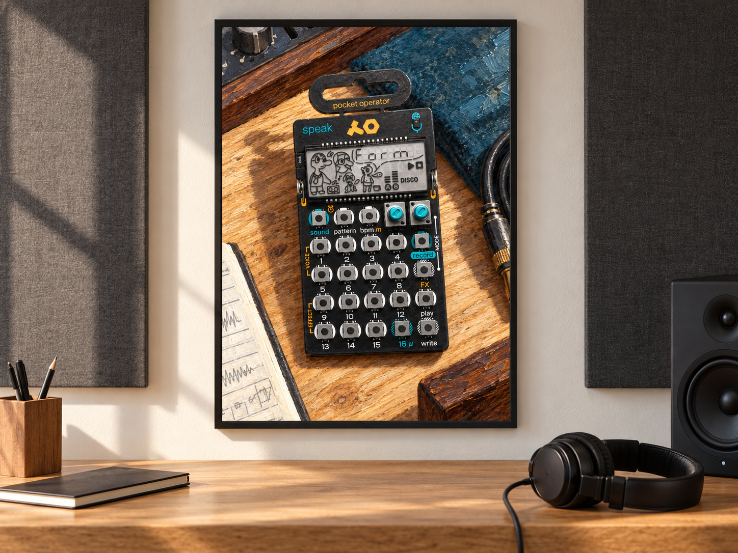 PO-35 Speak Pocket Operator Wall Art, Wooden Music Studio Poster, A2 Printable Download — presentación de la lámina