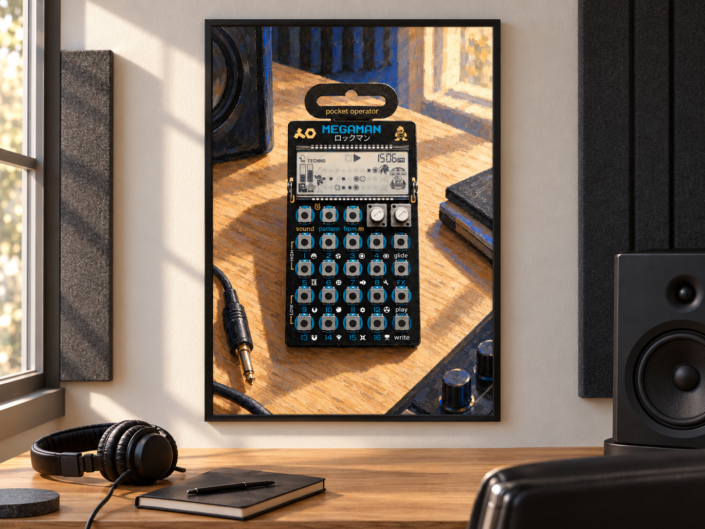 PO-128 Mega Man Pocket Operator Wall Art, Wooden Music Studio Poster, A2 Printable Download — presentación de la lámina