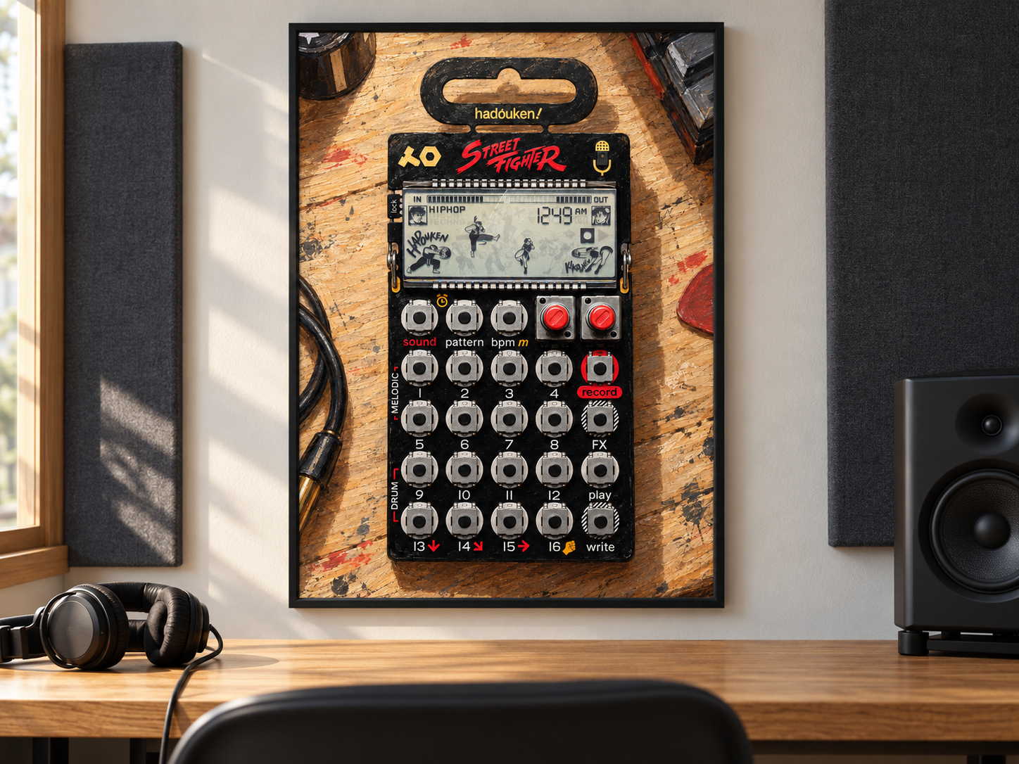 PO-133 Street Fighter Pocket Operator Wall Art, Wooden Music Studio Poster, A2 Printable Download — presentación de la lámina