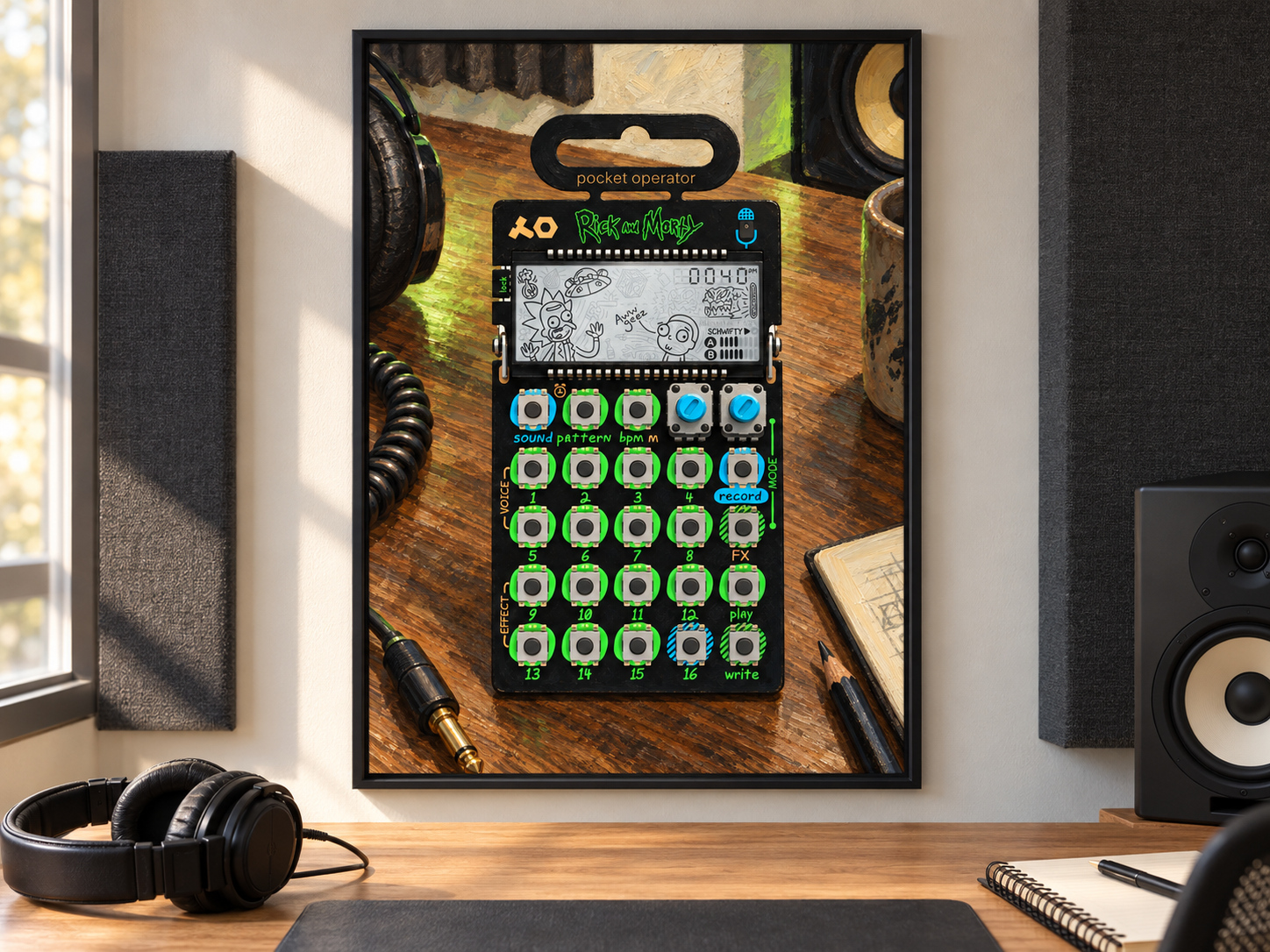 Rick and Morty Pocket Operator Wall Art, Wooden Studio Poster (A2 Printable Download) — presentación de la lámina
